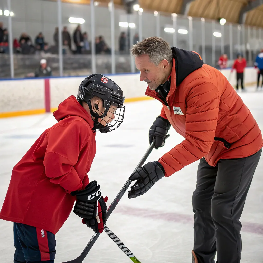 Coach mentoring a young hockey player on the ice