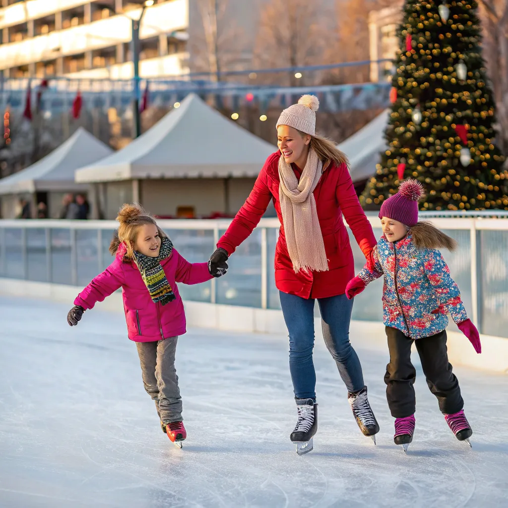 Family cheerfully skating on an ice rink
