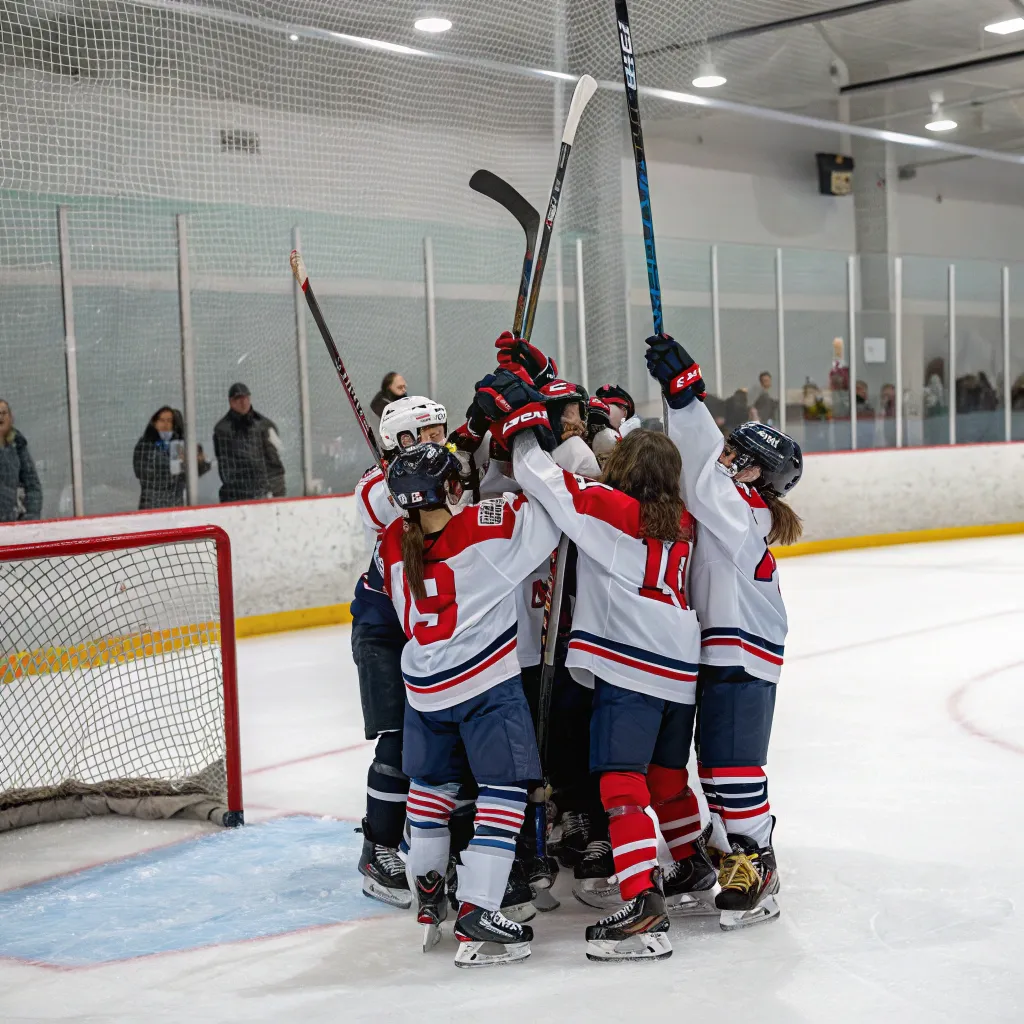 Young hockey players celebrating victory on ice rink