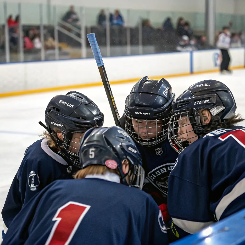 Young hockey players in a team huddle